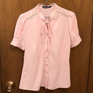 Allegra K - Light pink short-sleeve top - Tie-neck - Stencil details - Size XS